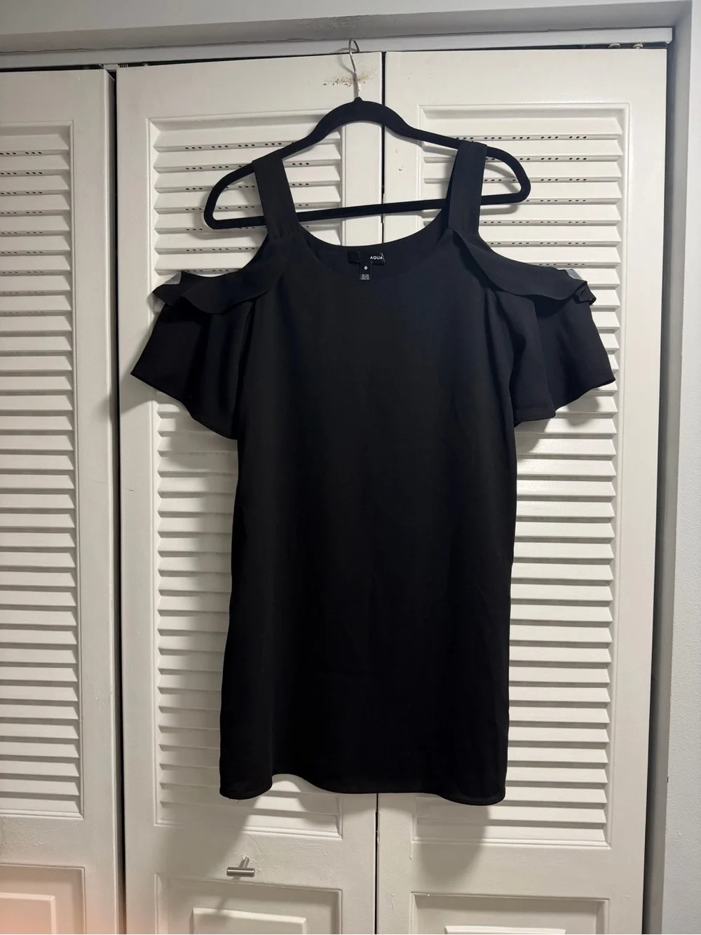 Aqua Black Cold-Shoulder Ruffle Mini Dress - Picture 2 of 3